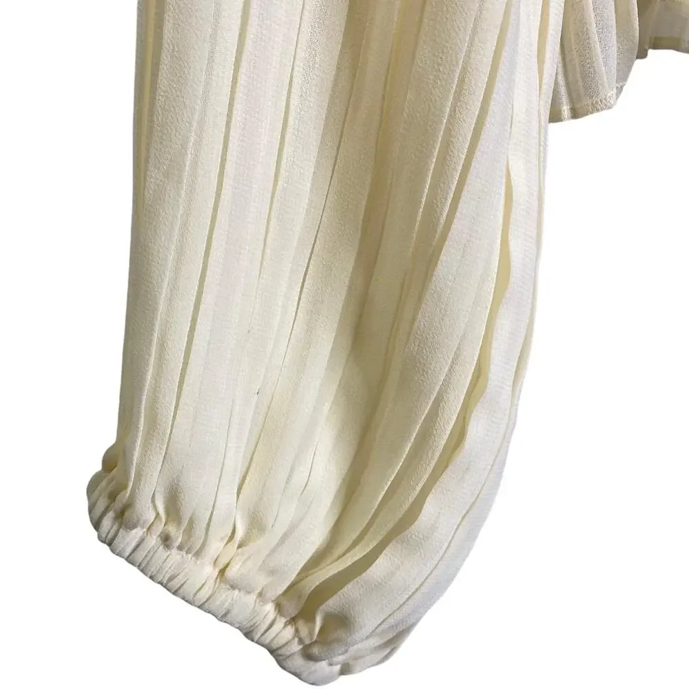 Zara Women's Sz L Blouse Long Sleeve Pleated Puff Sleeve Cream Romantic‎